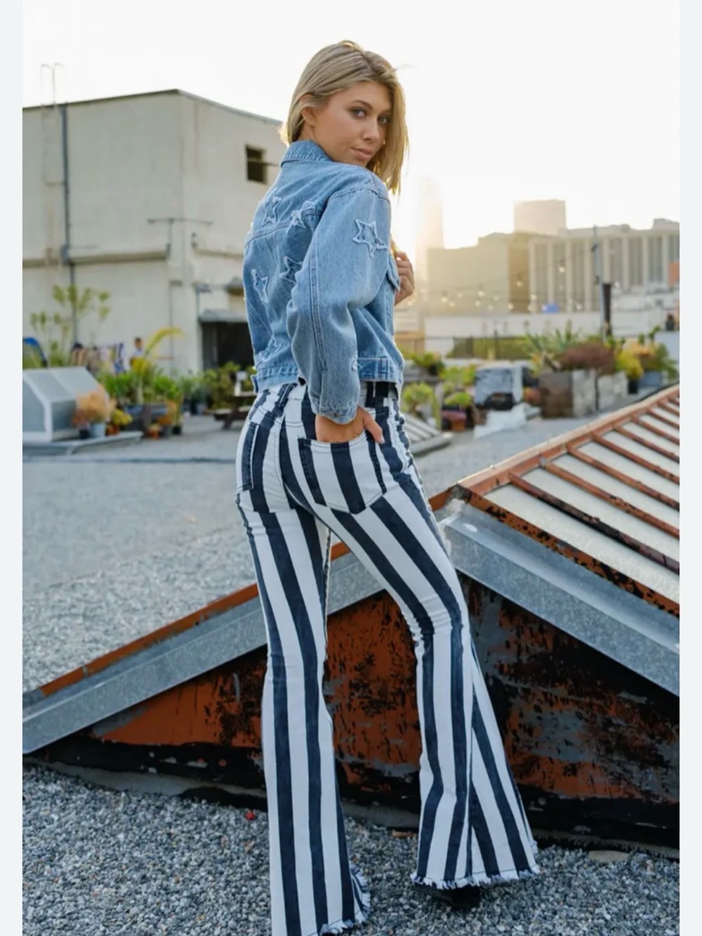 Striped Navy & White Flare Jeans - Picture 1 of 2